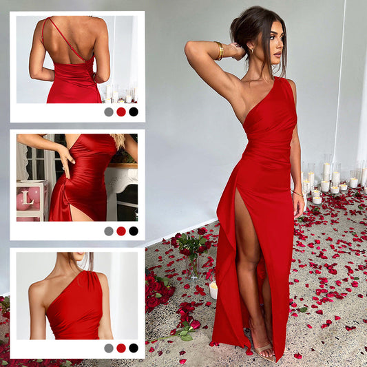 ⏰🎁Satijnen maxi-jurk met één schouder, drapering en split
