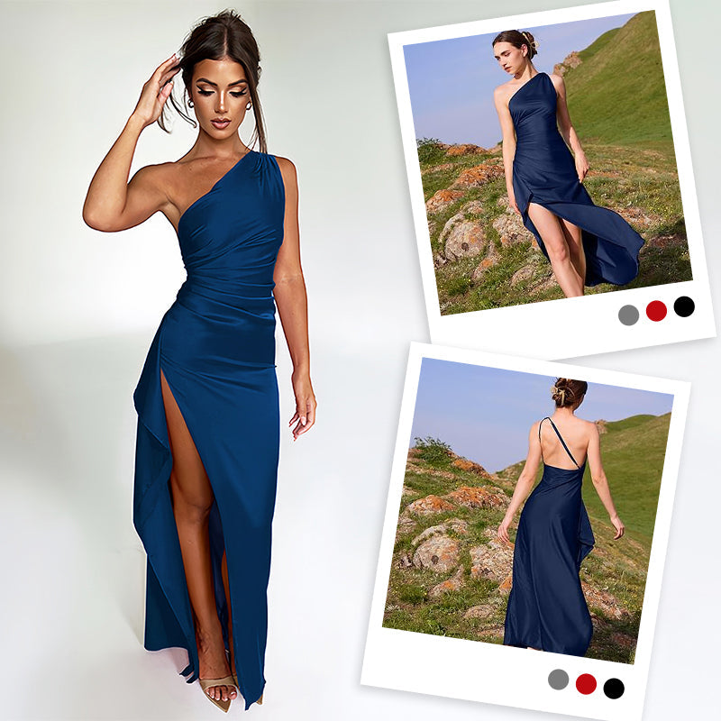 ⏰🎁Satijnen maxi-jurk met één schouder, drapering en split