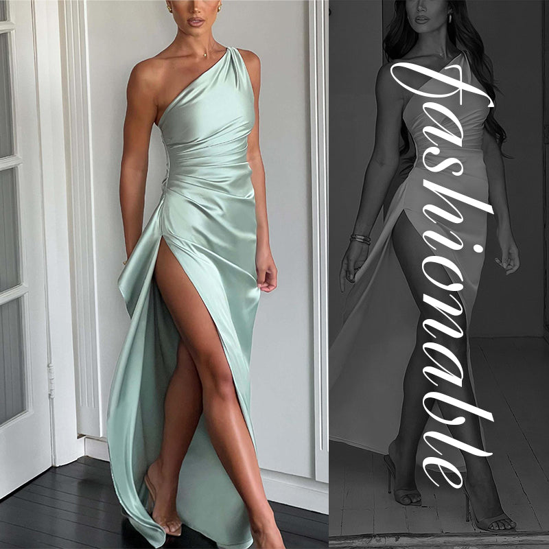 ⏰🎁Satijnen maxi-jurk met één schouder, drapering en split