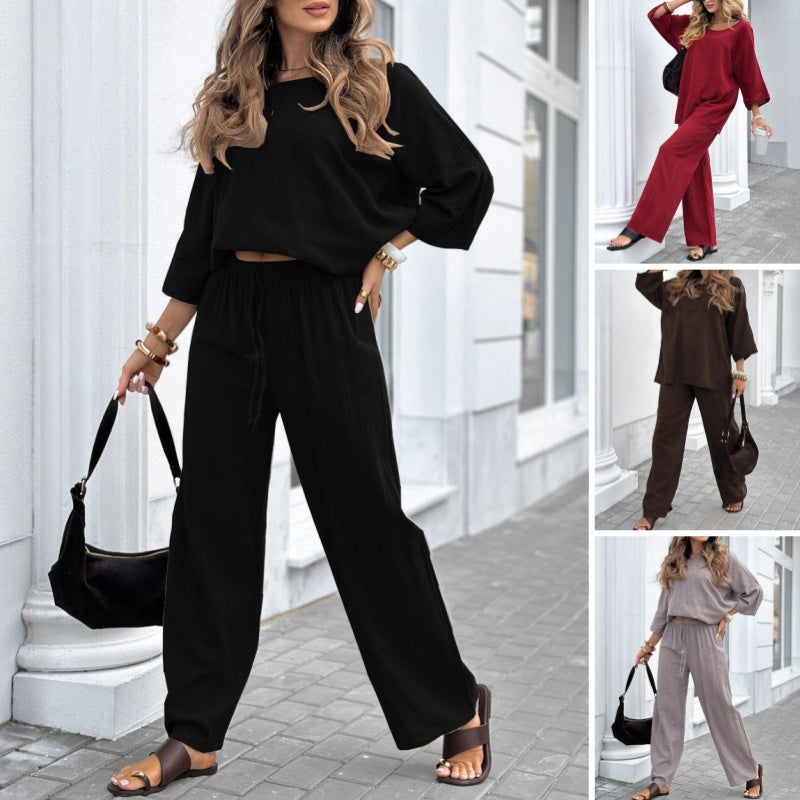 Dames Casual Effen Kleur Lange Mouwen Top en Broek Set