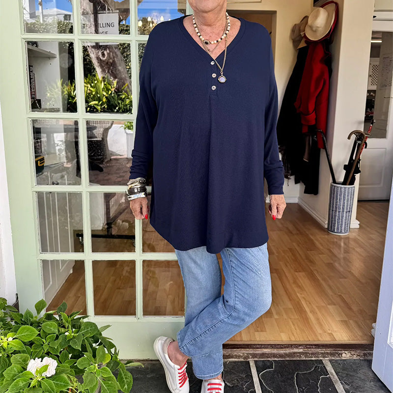 Damestop met V-hals en korte mouwen en knopen