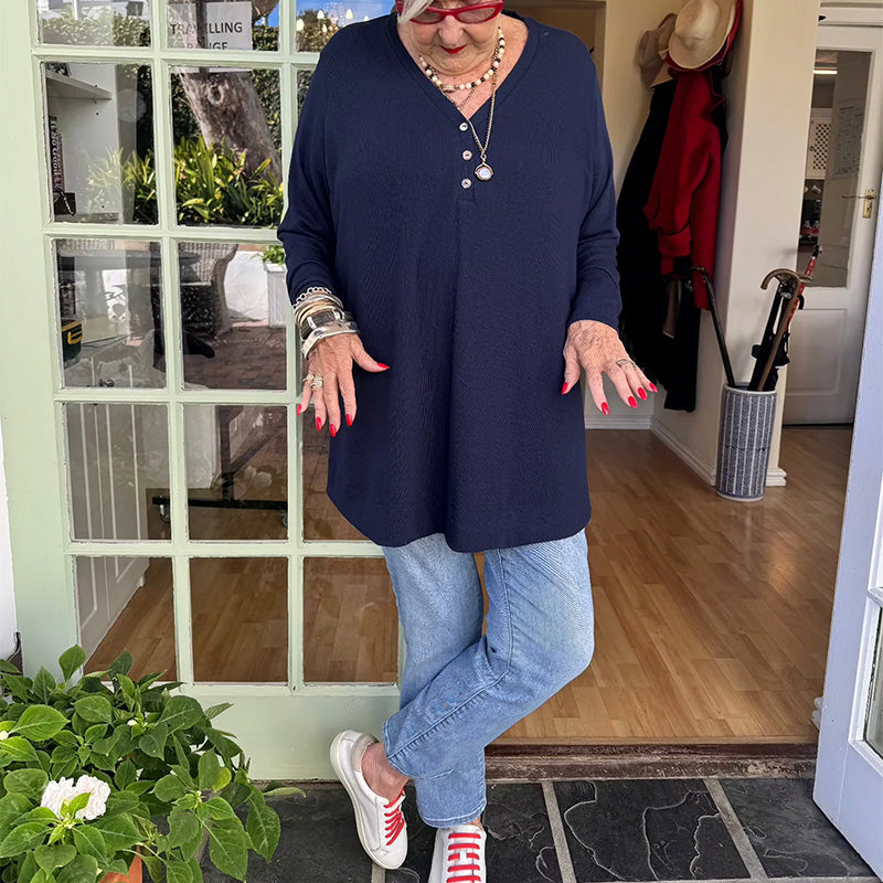 Damestop met V-hals en korte mouwen en knopen