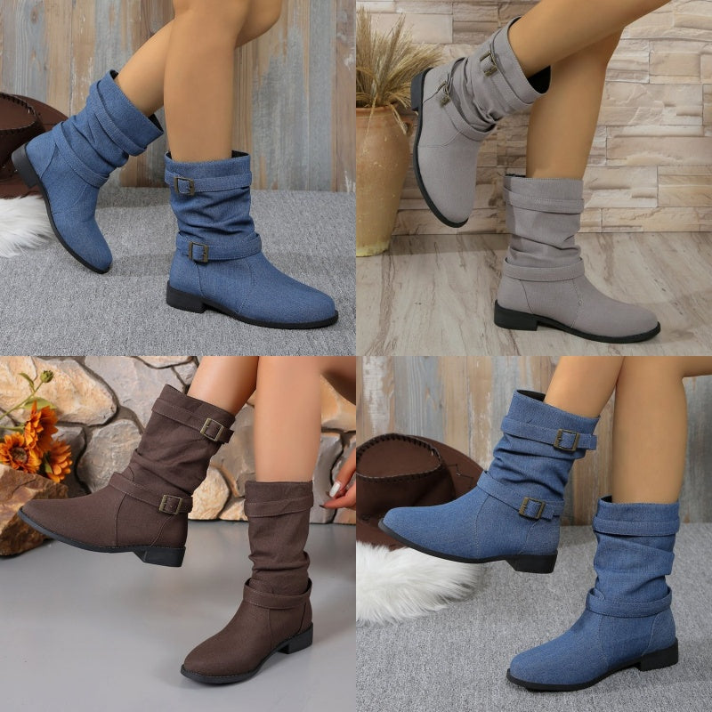 Denim enkellaarzen met gesp voor dames