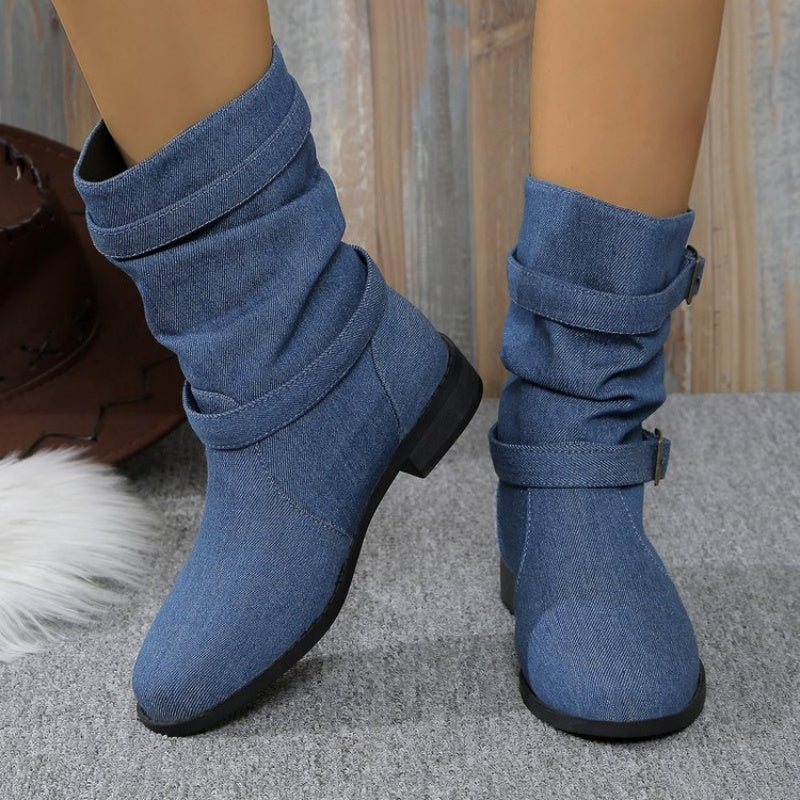 Denim enkellaarzen met gesp voor dames