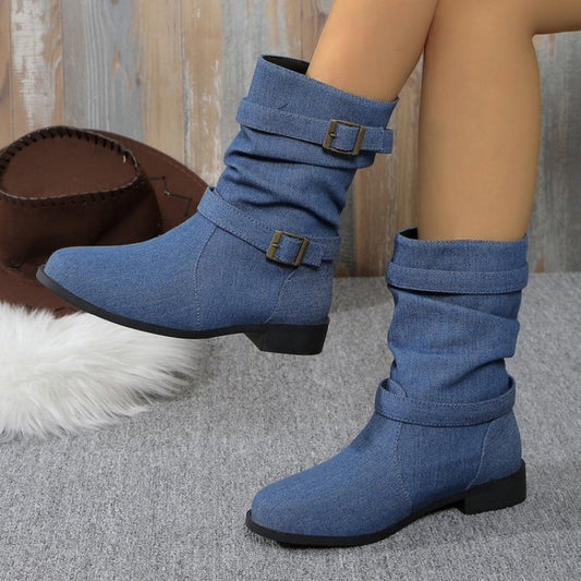 Denim enkellaarzen met gesp voor dames