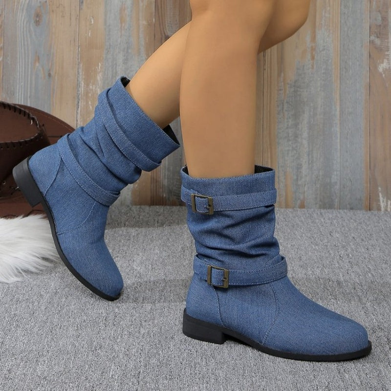 Denim enkellaarzen met gesp voor dames