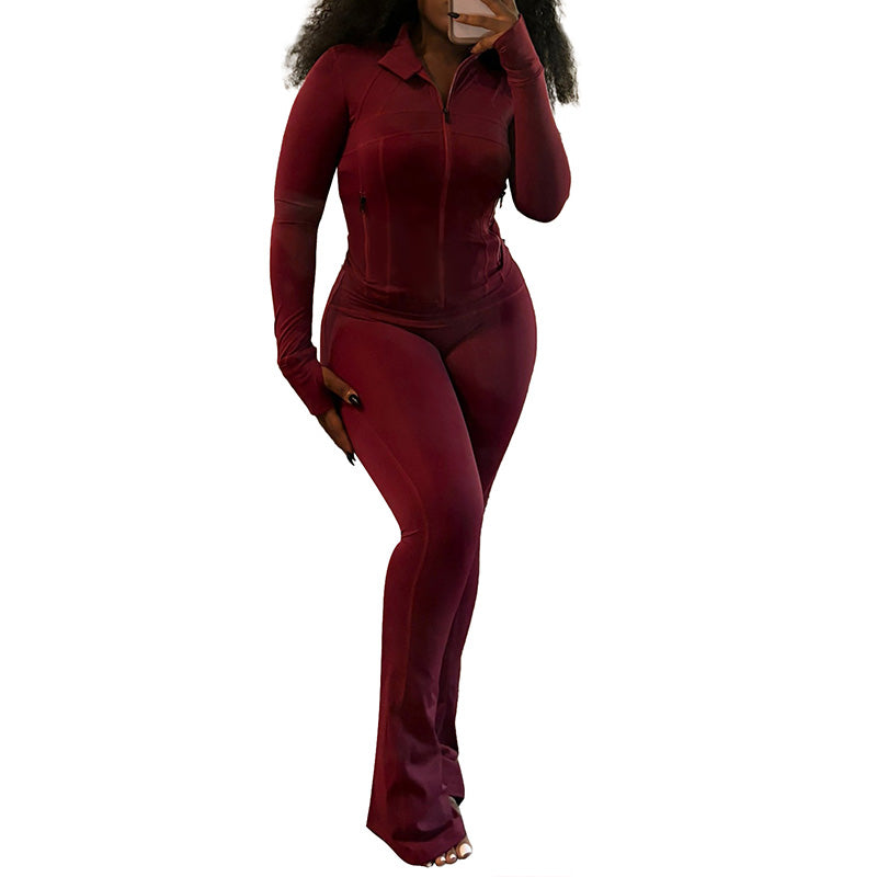 Sexy effen kleurige set met lange mouwen top en broek