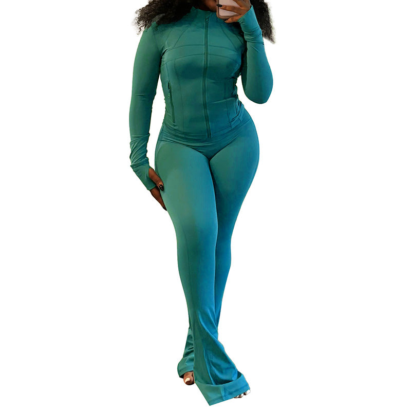 Sexy effen kleurige set met lange mouwen top en broek