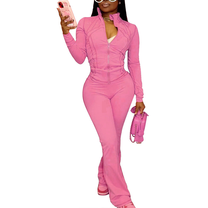 Sexy effen kleurige set met lange mouwen top en broek