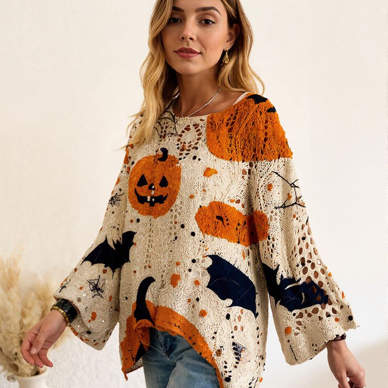 🎃💥Dames Halloween Losse Pasvorm Gebreide Trui met Vleermuismouwen🔥Limited aanbieding