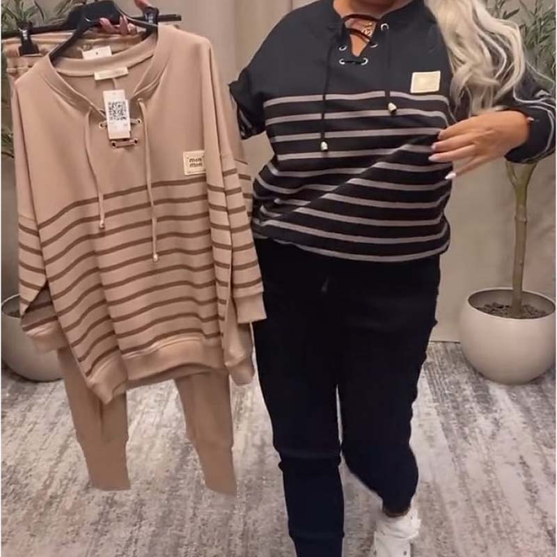 ✨ Chic & Comfortabel – Gestreepte Tweedelige Lounge Set voor Elke Dag 💃