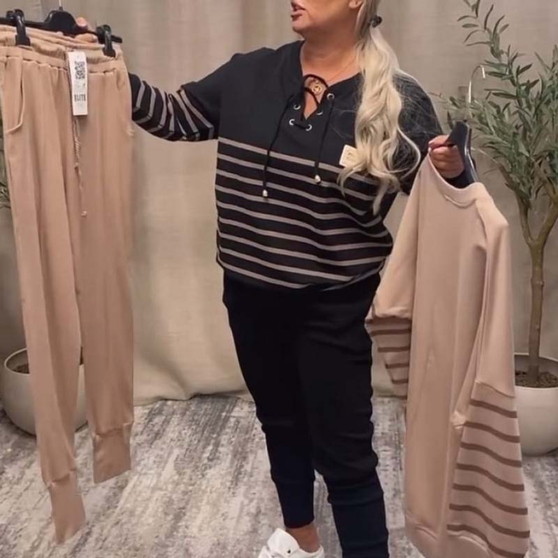 ✨ Chic & Comfortabel – Gestreepte Tweedelige Lounge Set voor Elke Dag 💃