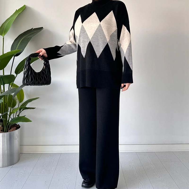 Modieuze kleurblokkerende ruitjes trui & broek set