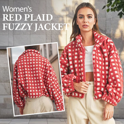 Red Plaid Fuzzy Jacket voor dames