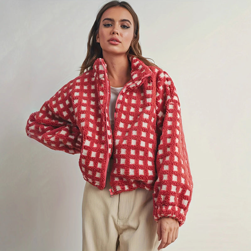 Red Plaid Fuzzy Jacket voor dames