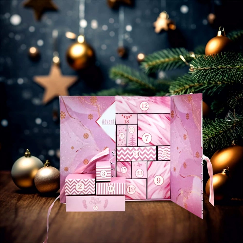 🎁 24 dagen vol verrassingen — Roze marmeren adventskalender 2025