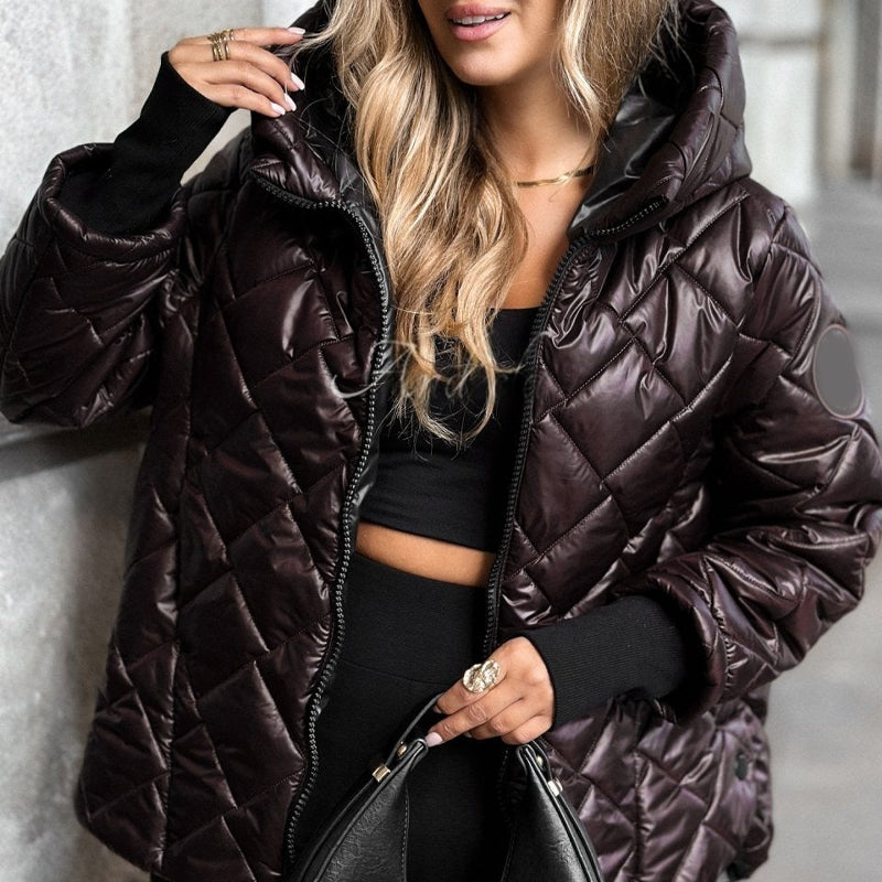 💜HOT SALE - 44% KORTING💜🧥 Trendy Gewatteerde Jas voor Dames – Diamantpatroon, Capuchon & Warme Katoenen Isolatie (Casual Winterstijl!)