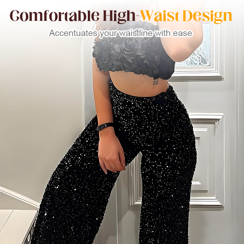 💖 LAATSTE DAG VAN DE UITVERKOOP: 50% KORTING! 💃 Wijde damesbroek met pailletten – elastische taille, glanzend en comfortabel voor feestjes ✨👖📦