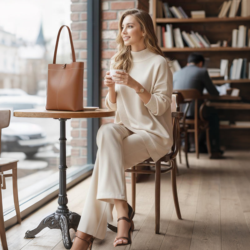 🔥Gratis verzending✈️Tweedelige set voor dames – Asymmetrische trui + broek met wijde pijpen, relaxte pasvorm en zachte stof, uiterst comfortabel 👚✨
