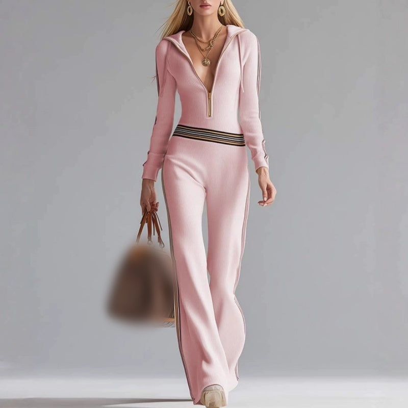 Broek met capuchon, V-hals en ritssluiting voor dames