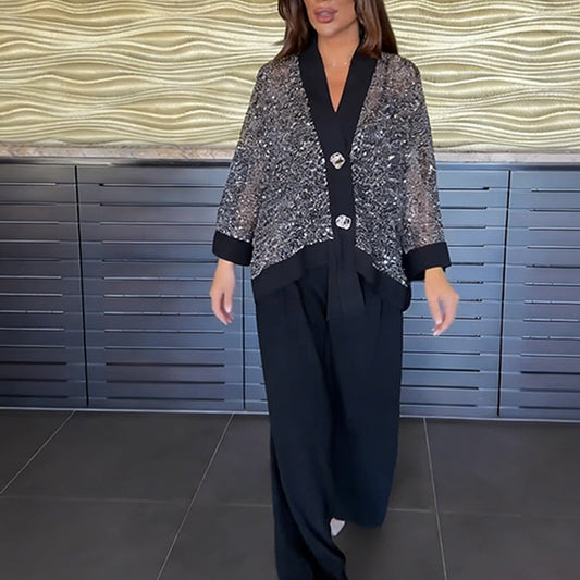 ✈️Tijdelijk gratis levering!✨👗Dames V-hals sequin vest & wijde broek 2-delige set