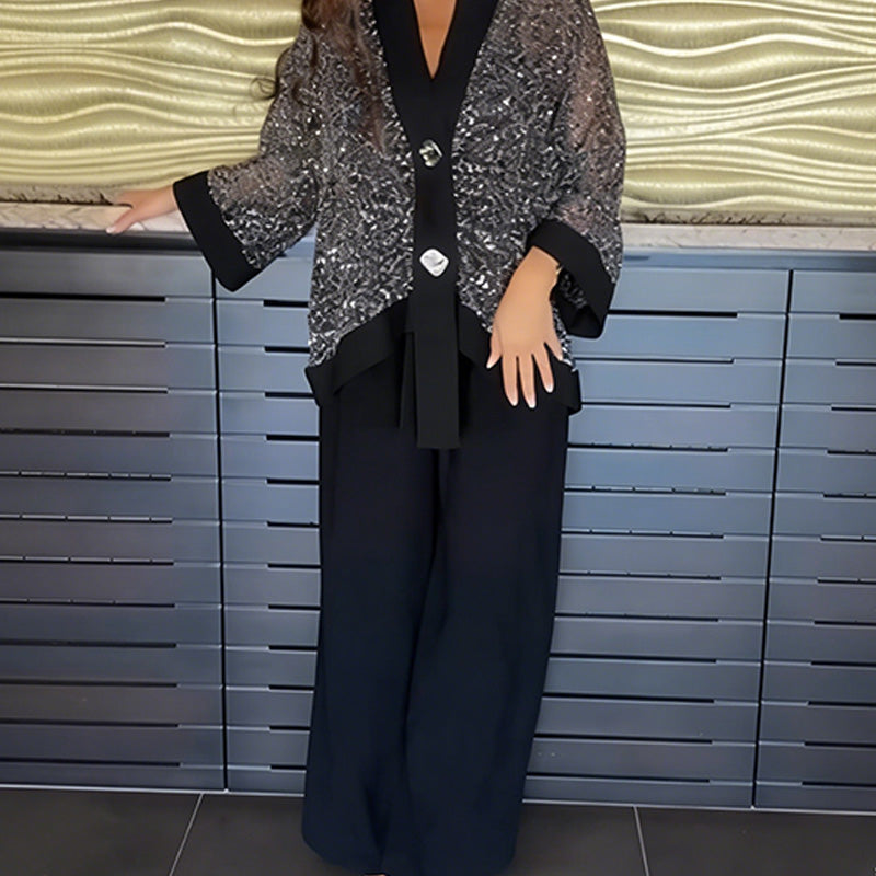 ✈️Tijdelijk gratis levering!✨👗Dames V-hals sequin vest & wijde broek 2-delige set