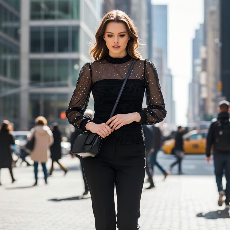 ⏰🎁Transparante top met faux parels en lantaarnmouwen