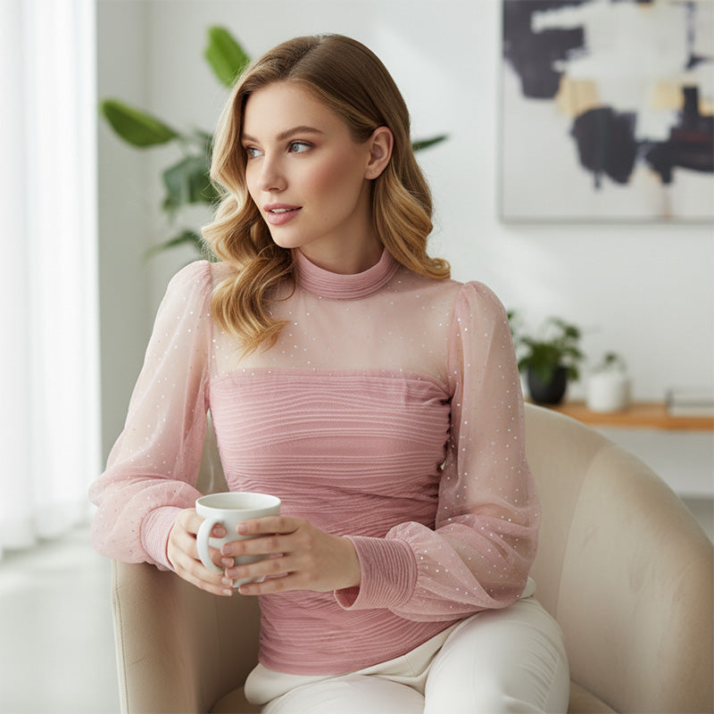 ⏰🎁Transparante top met faux parels en lantaarnmouwen