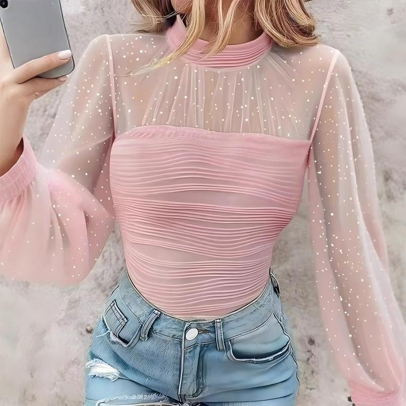 ⏰🎁Transparante top met faux parels en lantaarnmouwen