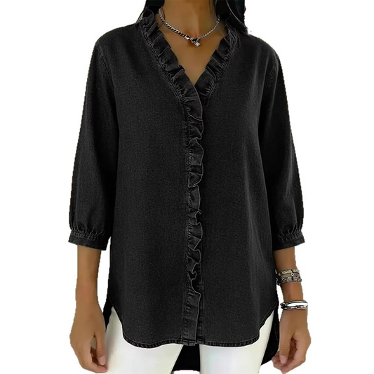 🔥📢 60% KORTING!! 💃 Damesblouse met ruches – Romantische V-hals, asymmetrische zoom en ademende stof ✨