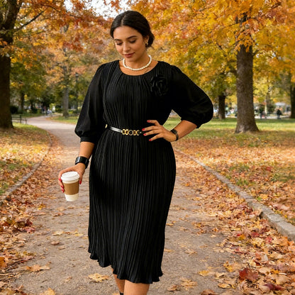 Damesjurk met 3/4-mouwen, plooien en riem🔥Koop 2 artikelen en ontvang gratis verzending🔥