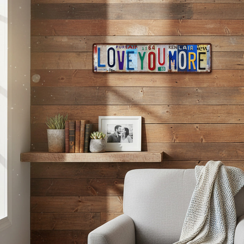 Vintage "Love You More" kentekenplaat blikken bord