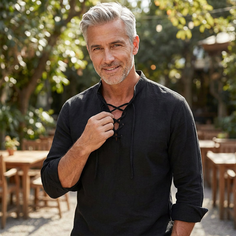 👔 NU 50% KORTING! 💎 Casual herenoverhemd in effen kleur – vetersluiting bij de hals, moderne opstaande kraag en ademend katoen ✨