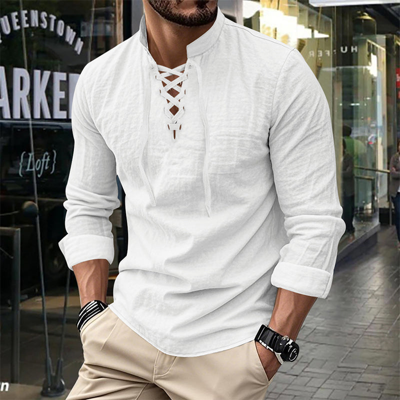 👔 NU 50% KORTING! 💎 Casual herenoverhemd in effen kleur – vetersluiting bij de hals, moderne opstaande kraag en ademend katoen ✨