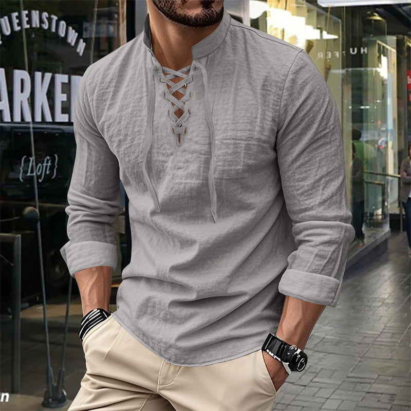 👔 NU 50% KORTING! 💎 Casual herenoverhemd in effen kleur – vetersluiting bij de hals, moderne opstaande kraag en ademend katoen ✨
