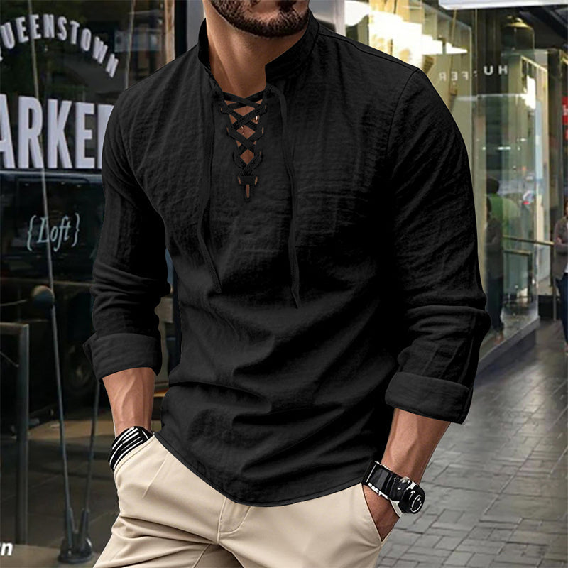 👔 NU 50% KORTING! 💎 Casual herenoverhemd in effen kleur – vetersluiting bij de hals, moderne opstaande kraag en ademend katoen ✨