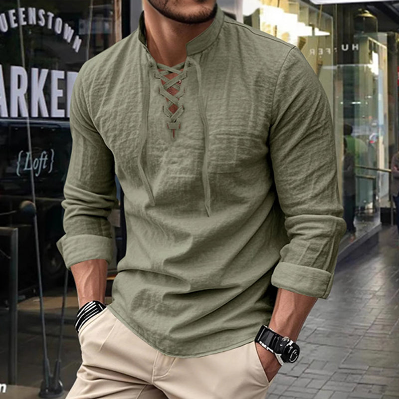 👔 NU 50% KORTING! 💎 Casual herenoverhemd in effen kleur – vetersluiting bij de hals, moderne opstaande kraag en ademend katoen ✨