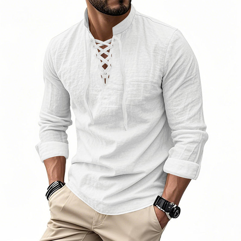 👔 NU 50% KORTING! 💎 Casual herenoverhemd in effen kleur – vetersluiting bij de hals, moderne opstaande kraag en ademend katoen ✨