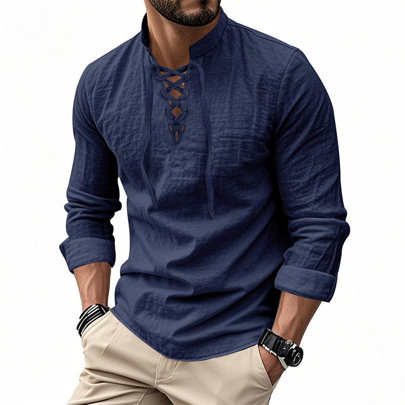 👔 NU 50% KORTING! 💎 Casual herenoverhemd in effen kleur – vetersluiting bij de hals, moderne opstaande kraag en ademend katoen ✨