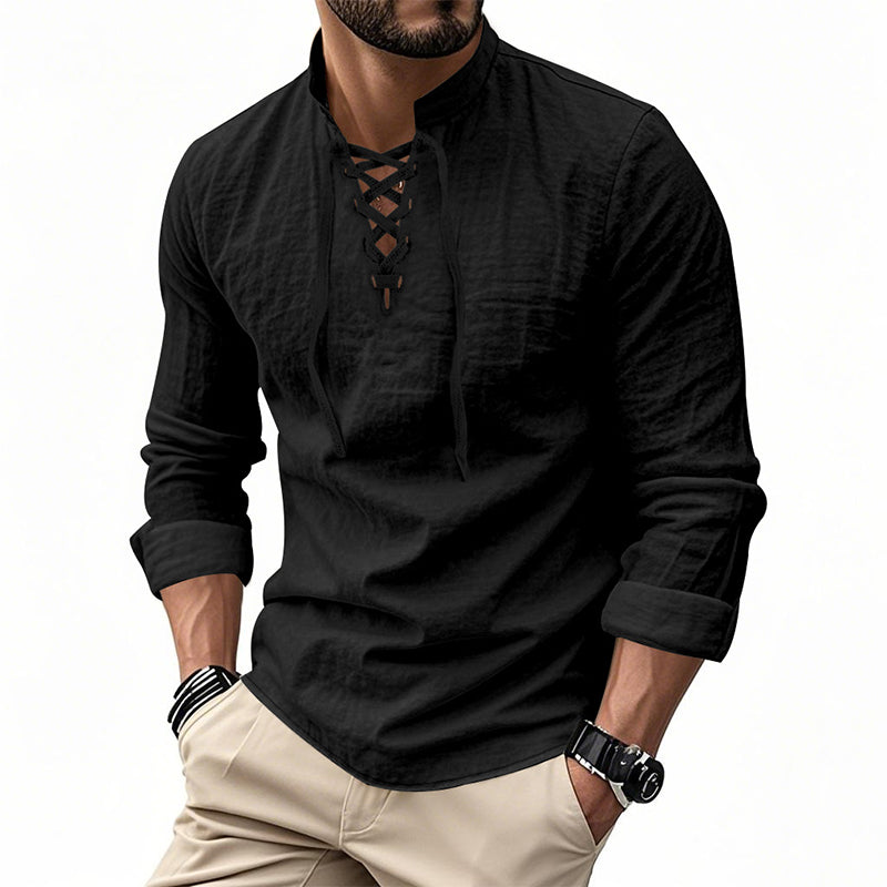 👔 NU 50% KORTING! 💎 Casual herenoverhemd in effen kleur – vetersluiting bij de hals, moderne opstaande kraag en ademend katoen ✨