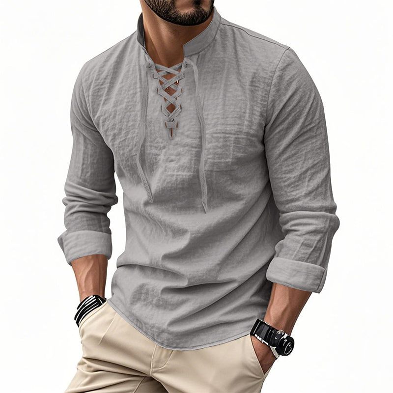 👔 NU 50% KORTING! 💎 Casual herenoverhemd in effen kleur – vetersluiting bij de hals, moderne opstaande kraag en ademend katoen ✨