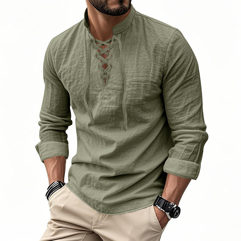 👔 NU 50% KORTING! 💎 Casual herenoverhemd in effen kleur – vetersluiting bij de hals, moderne opstaande kraag en ademend katoen ✨