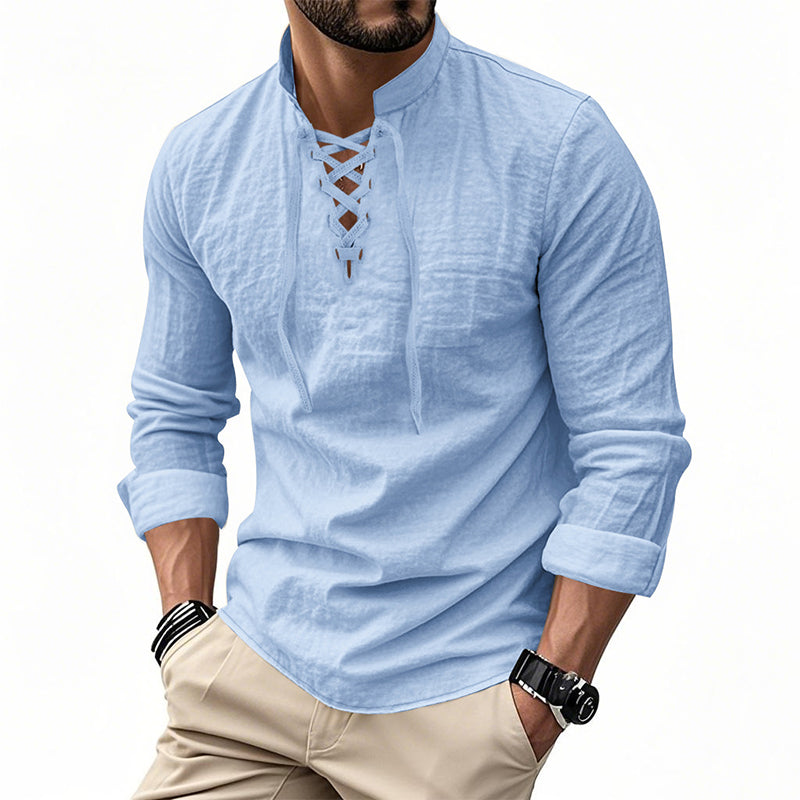👔 NU 50% KORTING! 💎 Casual herenoverhemd in effen kleur – vetersluiting bij de hals, moderne opstaande kraag en ademend katoen ✨