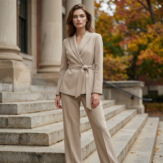 ⏳Tijdelijk 50% korting⏰ Elegant damespak bestaande uit een blazer met strikceintuur en een wijde broek 👔👖