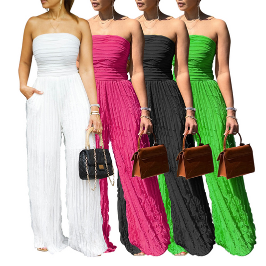 Strapless jumpsuit met wijde pijpen en kreukels