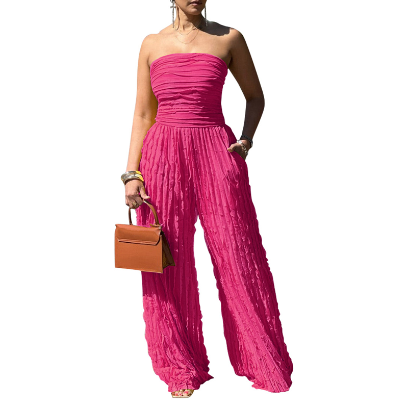 Strapless jumpsuit met wijde pijpen en kreukels