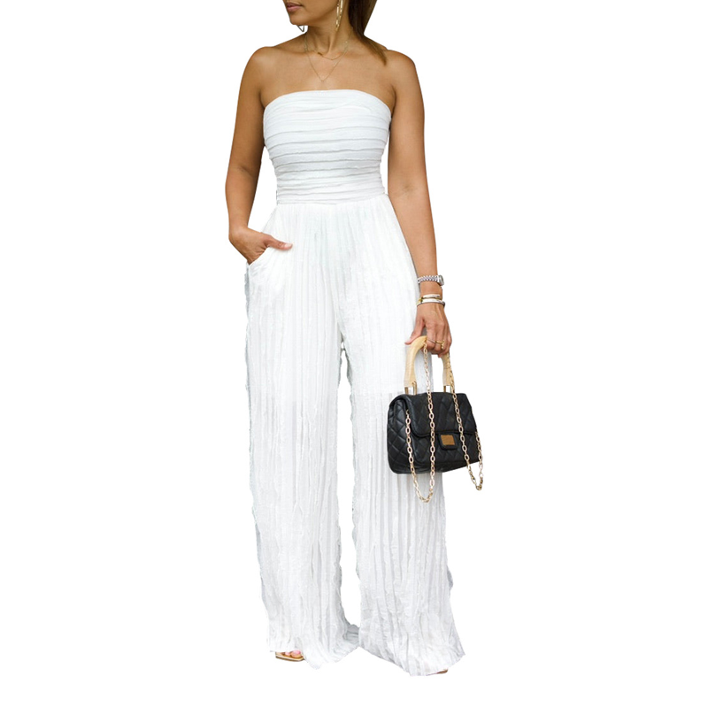 Strapless jumpsuit met wijde pijpen en kreukels