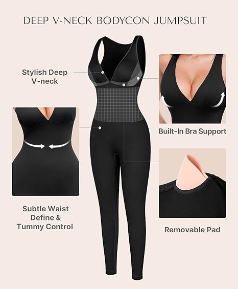 Diepe V-hals corrigerend jumpsuit – ademend, hoge taille, buikondersteuning
