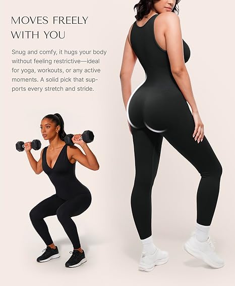 Diepe V-hals corrigerend jumpsuit – ademend, hoge taille, buikondersteuning