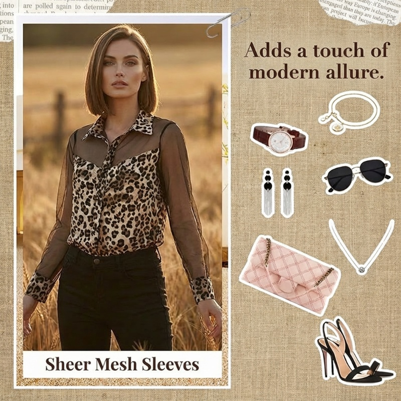 Dames shirt met luipaardprint en contrasterend mesh